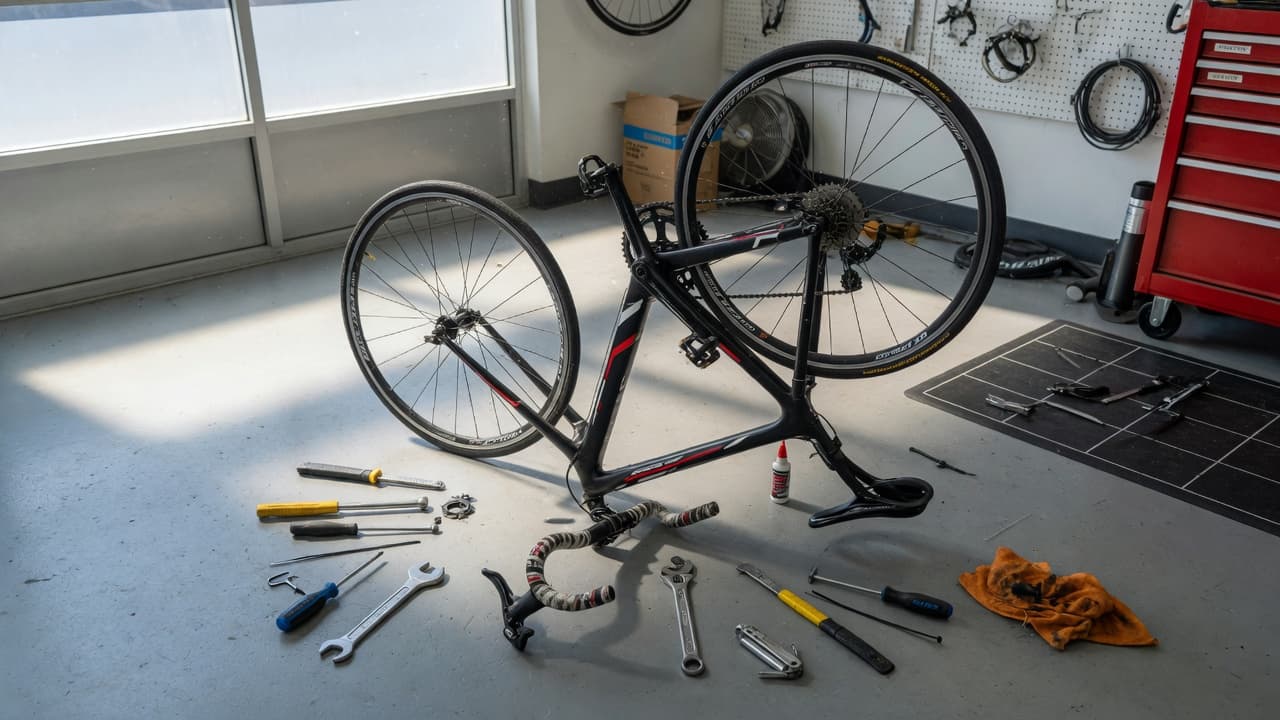 Bicycle flipped upside down for repairs