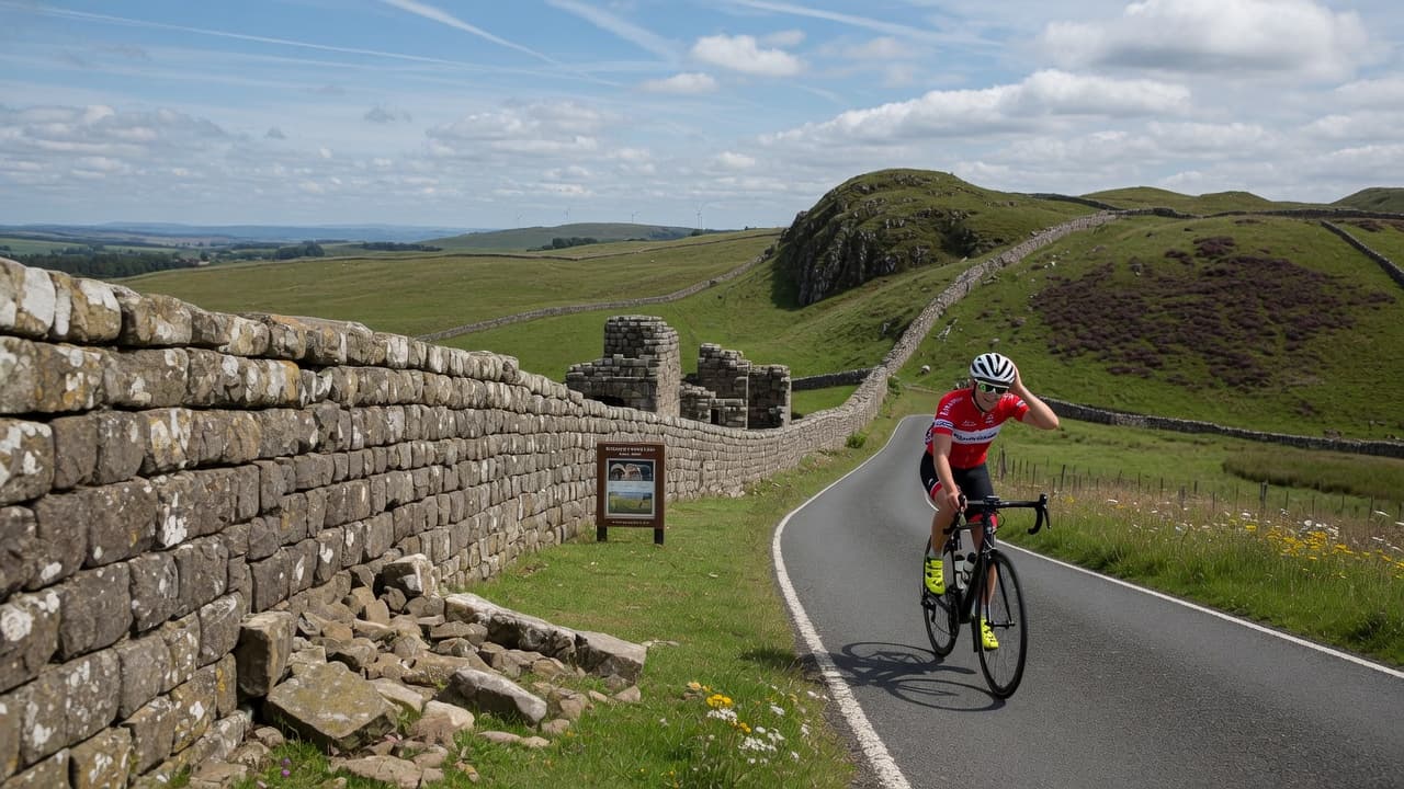 Cyclist riding along Hadrian's Wall in Northumberland
